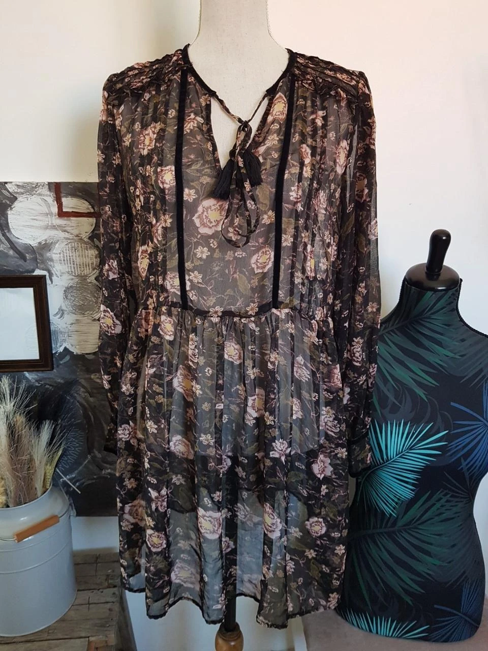 🌷Tunique / Robe courte fluide transparente fleurie Zara L 42☀️